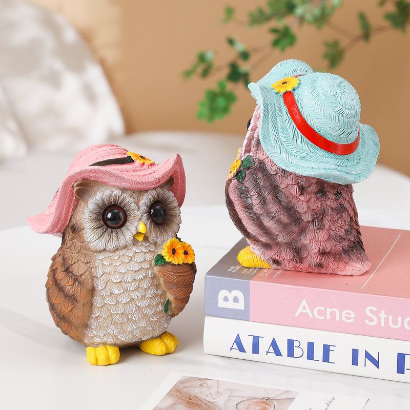 Pink Decorative Owl Figurine - Hand-Painted Resin Owl with Hat and Flower Basket view 3