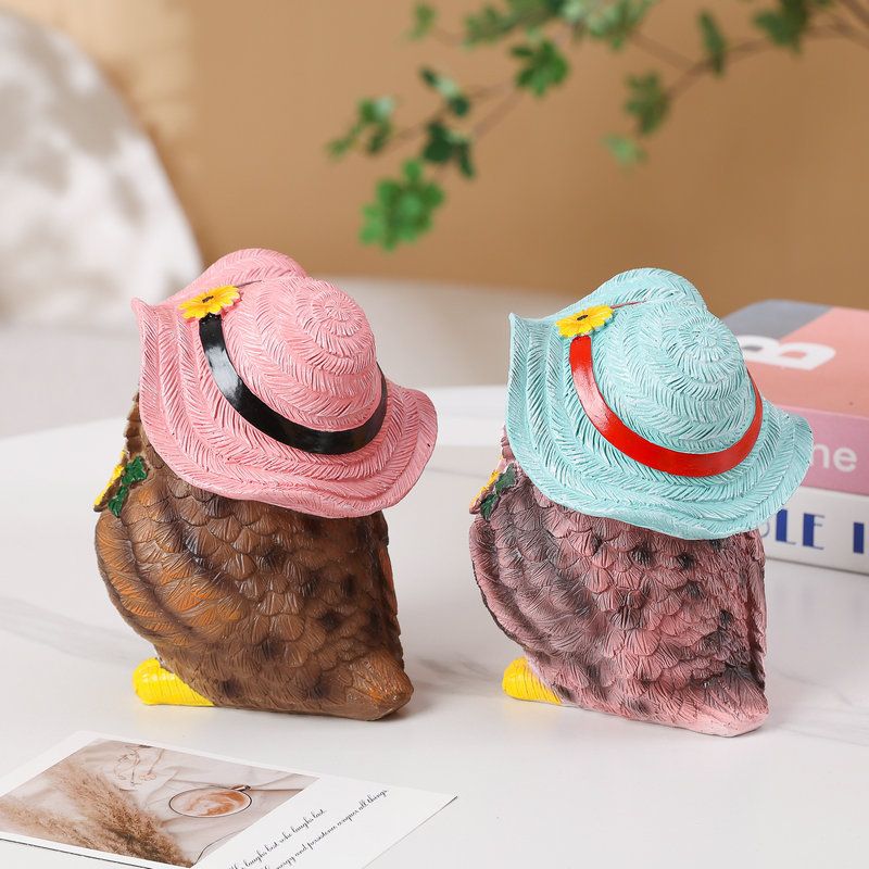 Pink Decorative Owl Figurine - Hand-Painted Resin Owl with Hat and Flower Basket view 4
