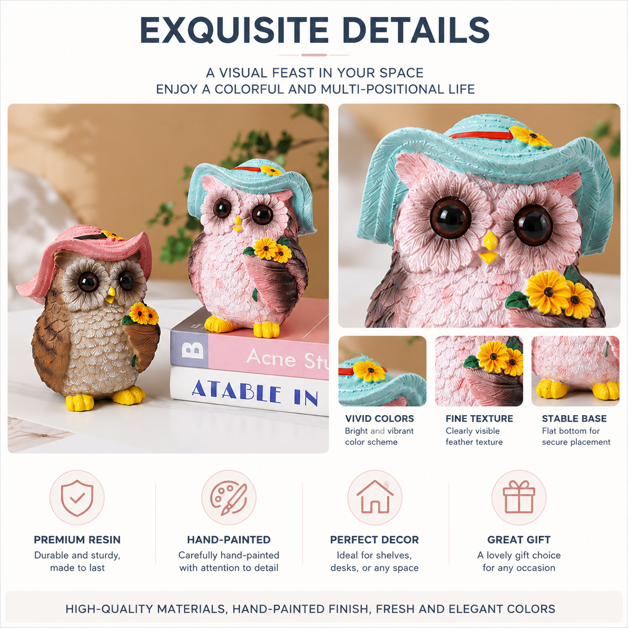 Blue Decorative Owl Figurine - Hand-Painted Resin Owl with Hat and Flower Basket view 5