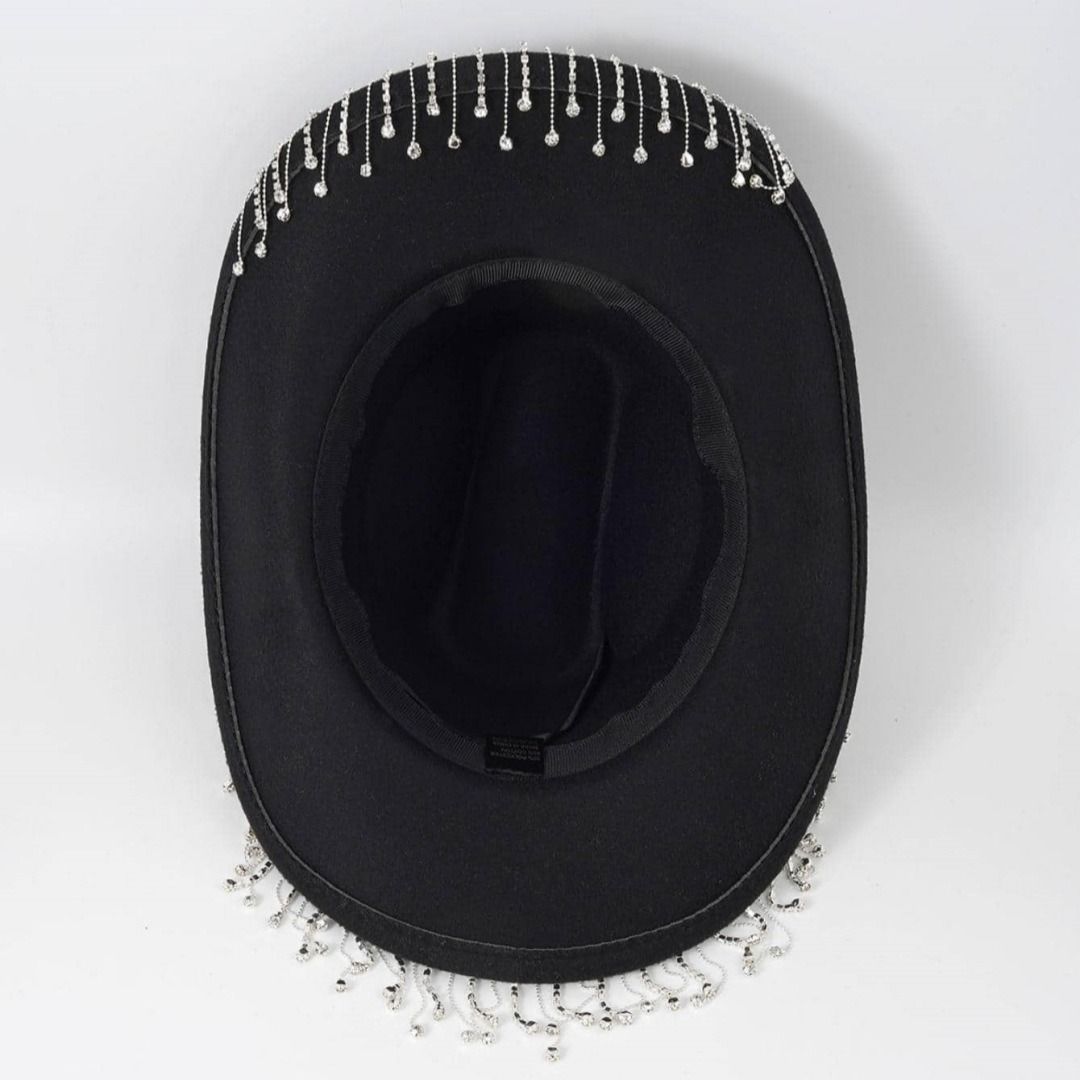 Western Cowboy Hat with Rhinestone Tassel Fringe - White Felt-Style Party Hat view 4
