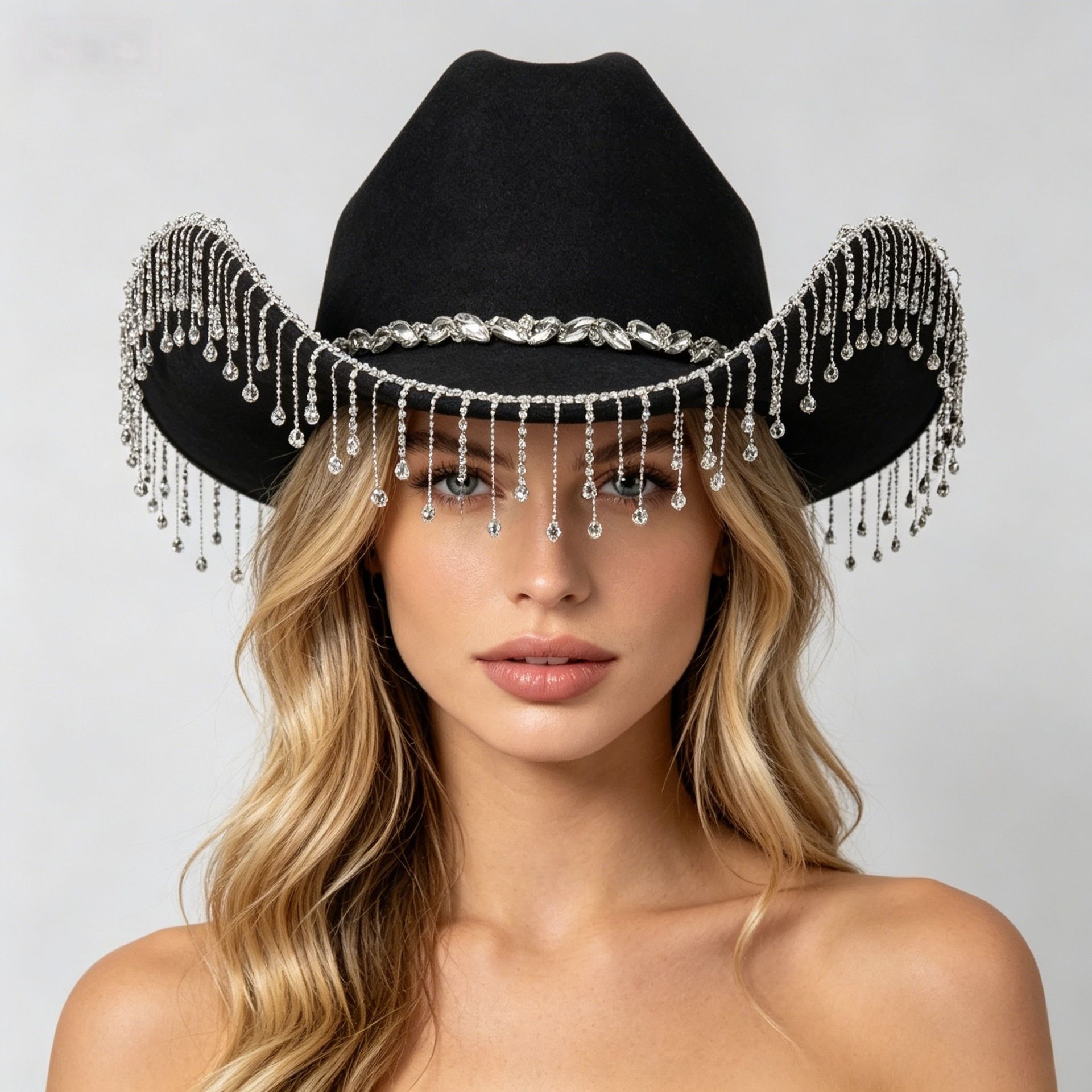 Western Cowboy Hat with Rhinestone Tassel Fringe - Black Felt-Style Party Hat view 2