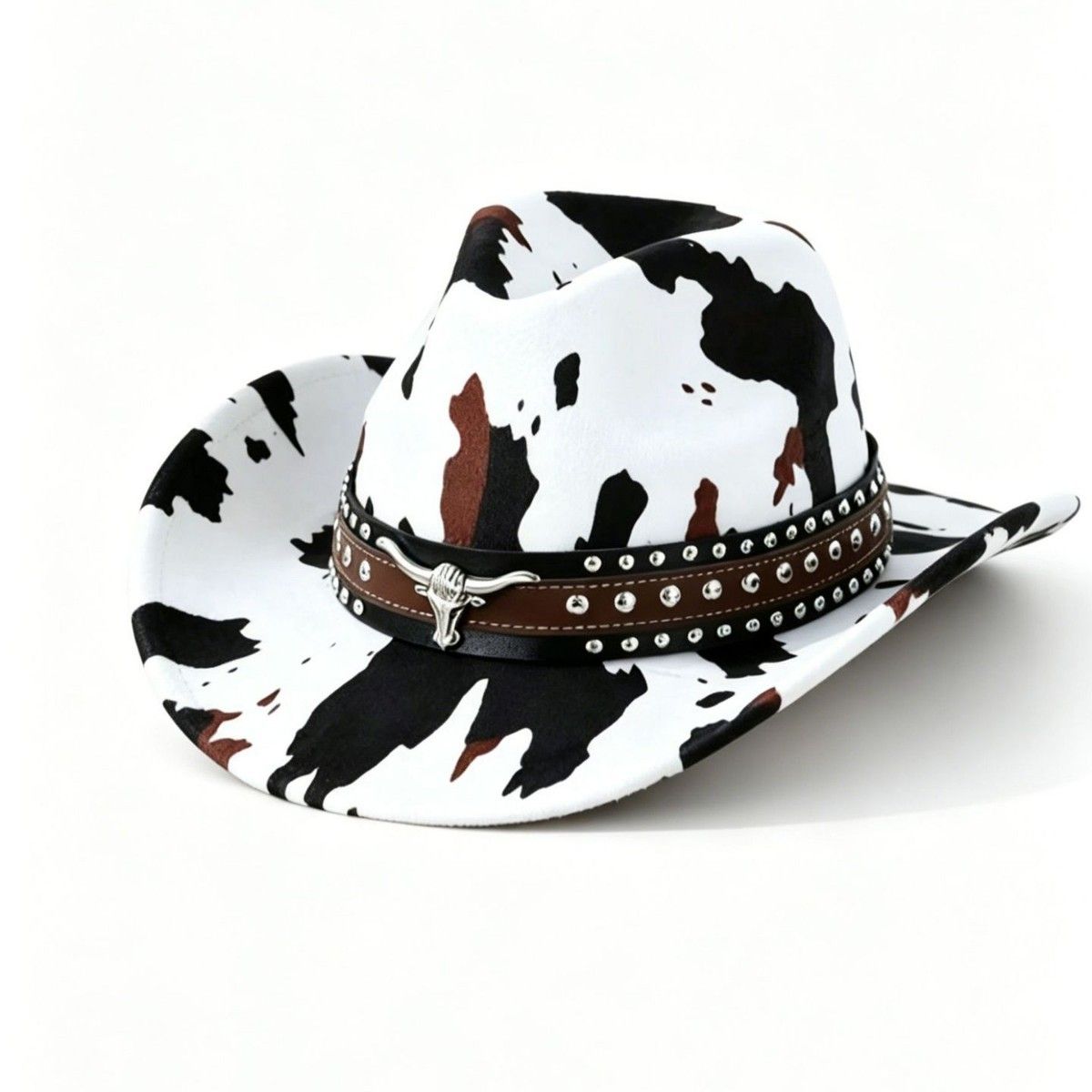 White Cow Print Western Cowboy Hat - Retro Cattle Head Studded Band