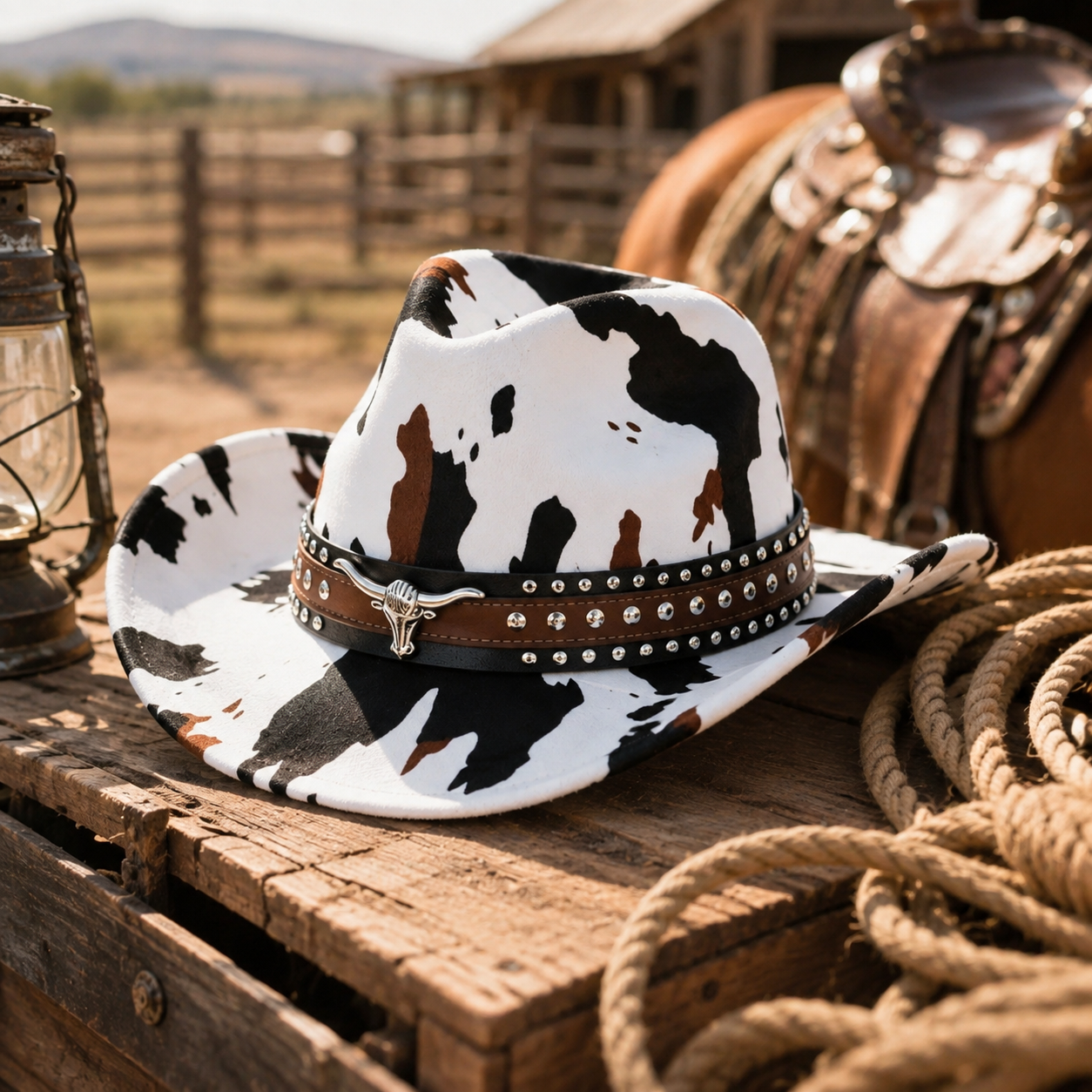 White Cow Print Western Cowboy Hat - Retro Cattle Head Studded Band view 2