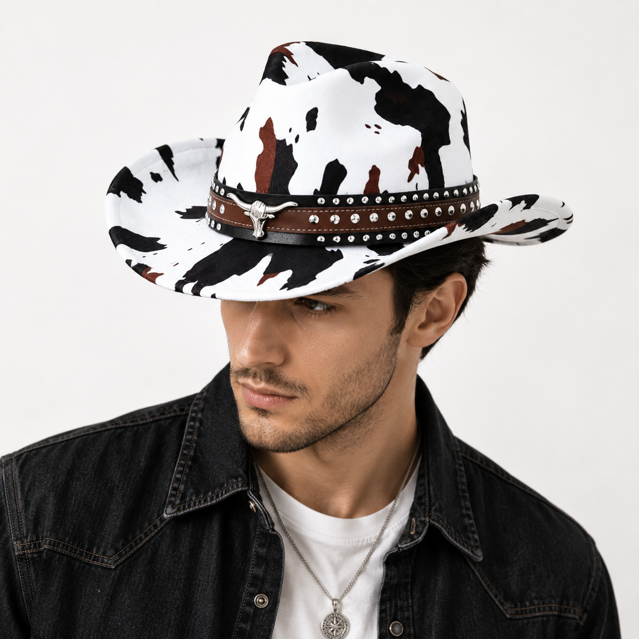White Cow Print Western Cowboy Hat - Retro Cattle Head Studded Band view 4