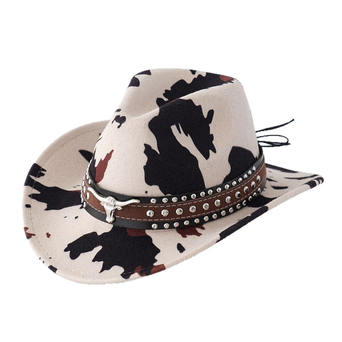Beige Cow Print Western Cowboy Hat - Retro Cattle Head Studded Band