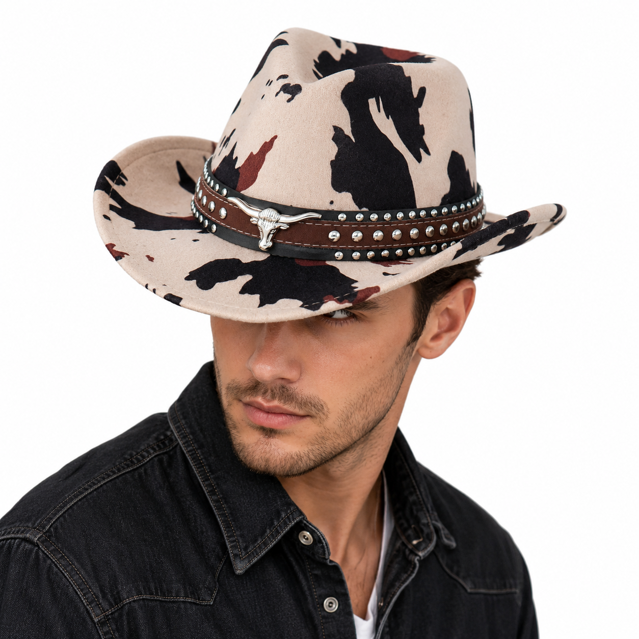 Beige Cow Print Western Cowboy Hat - Retro Cattle Head Studded Band view 2