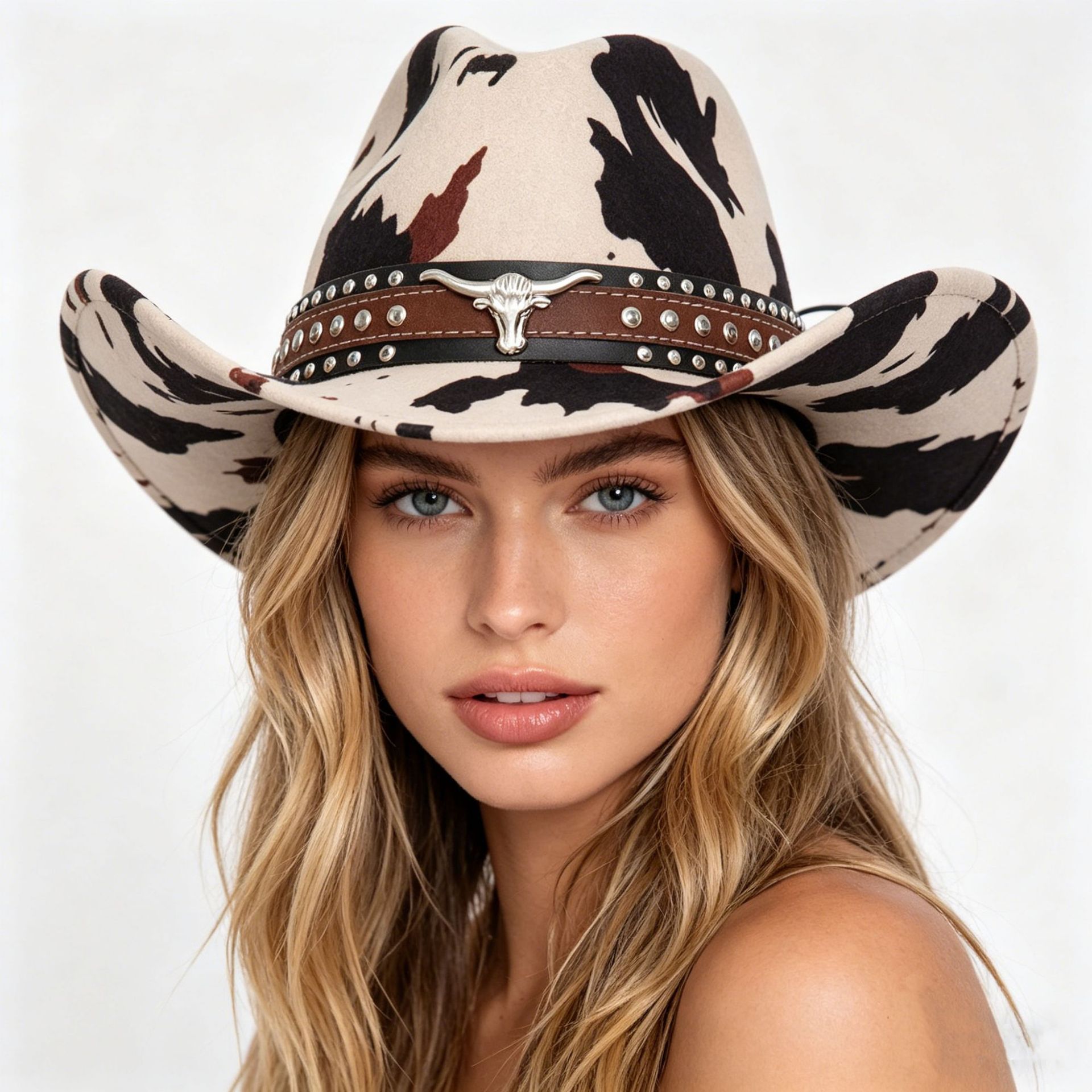 Beige Cow Print Western Cowboy Hat - Retro Cattle Head Studded Band view 3