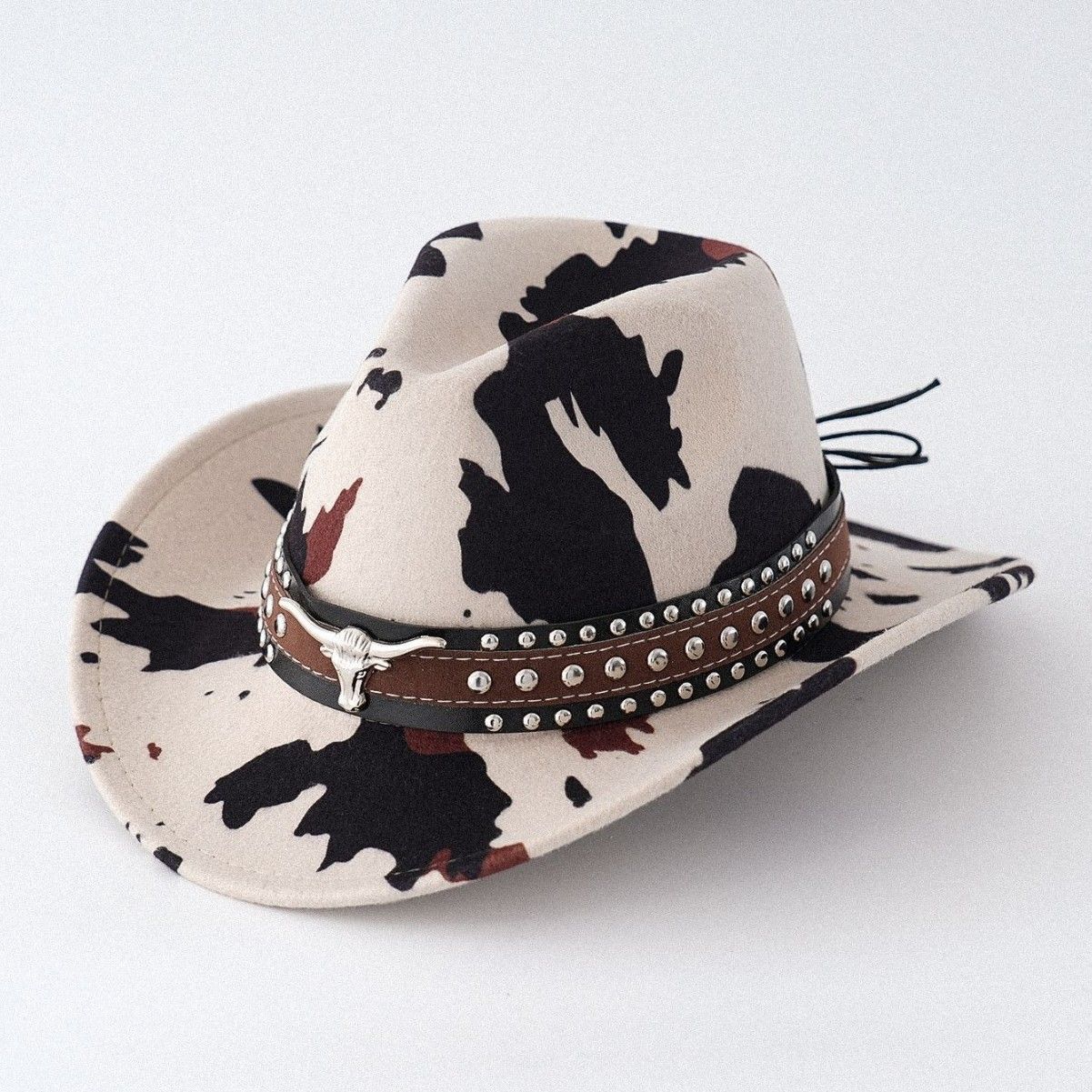 Beige Cow Print Western Cowboy Hat - Retro Cattle Head Studded Band view 4