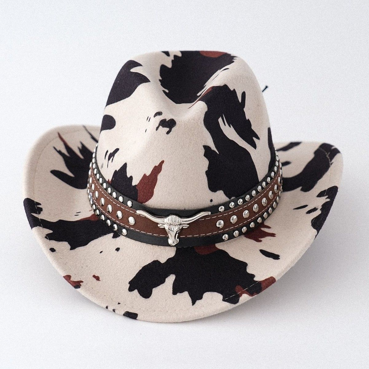 Beige Cow Print Western Cowboy Hat - Retro Cattle Head Studded Band view 5