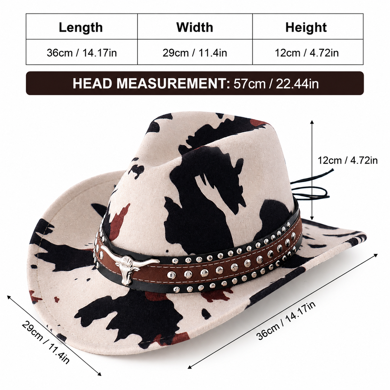 Beige Cow Print Western Cowboy Hat - Retro Cattle Head Studded Band view 6