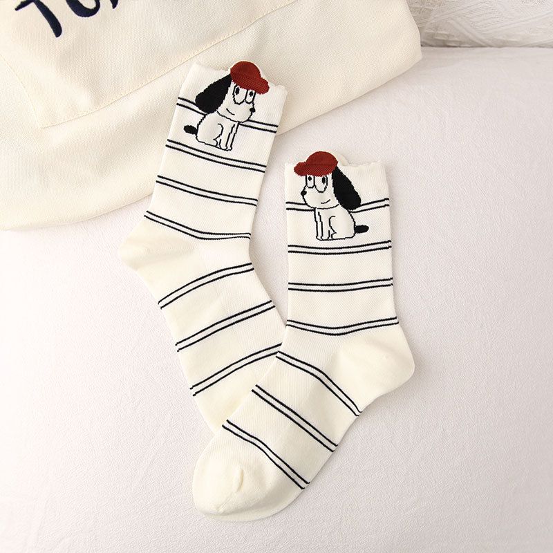 4 Pairs Women's Cartoon Animal Crew Socks (Striped puppy)- Lightweight view 2