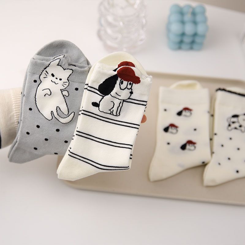 4 Pairs Women's Cartoon Animal Crew Socks (Striped puppy)- Lightweight view 3