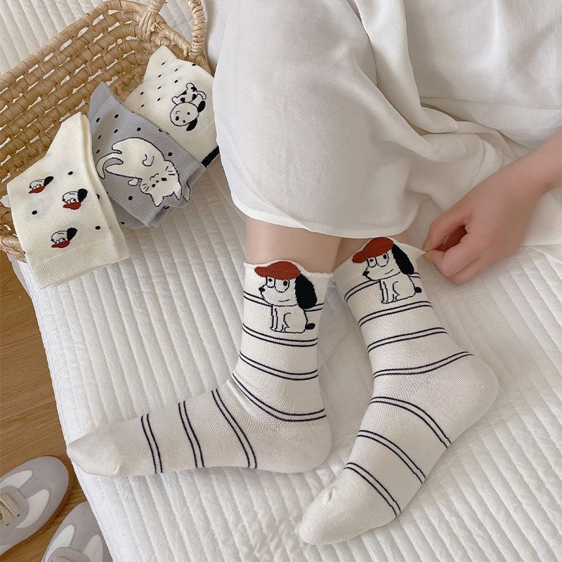 4 Pairs Women's Cartoon Animal Crew Socks (Striped puppy)- Lightweight view 6