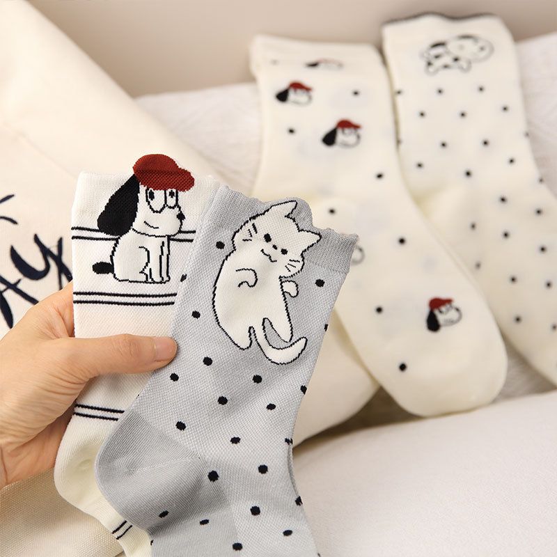 4 Pairs Women's Cartoon Animal Crew Socks (Striped puppy)- Lightweight view 7