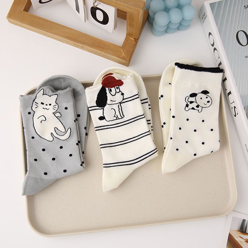 4 Pairs Women's Cartoon Animal Crew Socks (Striped puppy)- Lightweight view 8