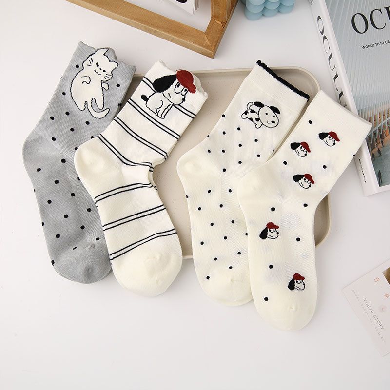 4 Pairs Women's Cartoon Animal Crew Socks (Striped puppy)- Lightweight view 9