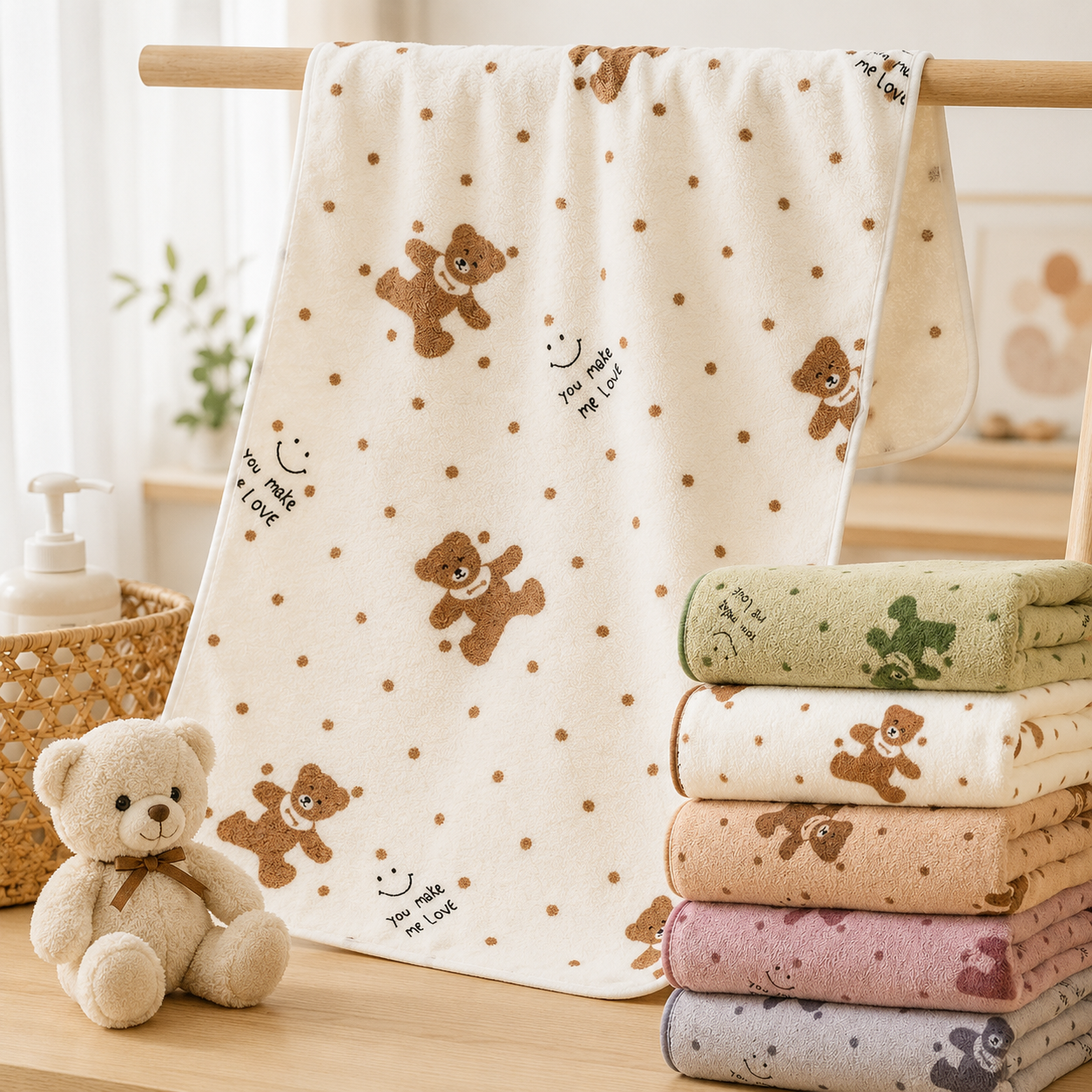 Brown 5-Piece Soft Absorbent Towel Set - Bear Print Face and Bath Towels with view 3