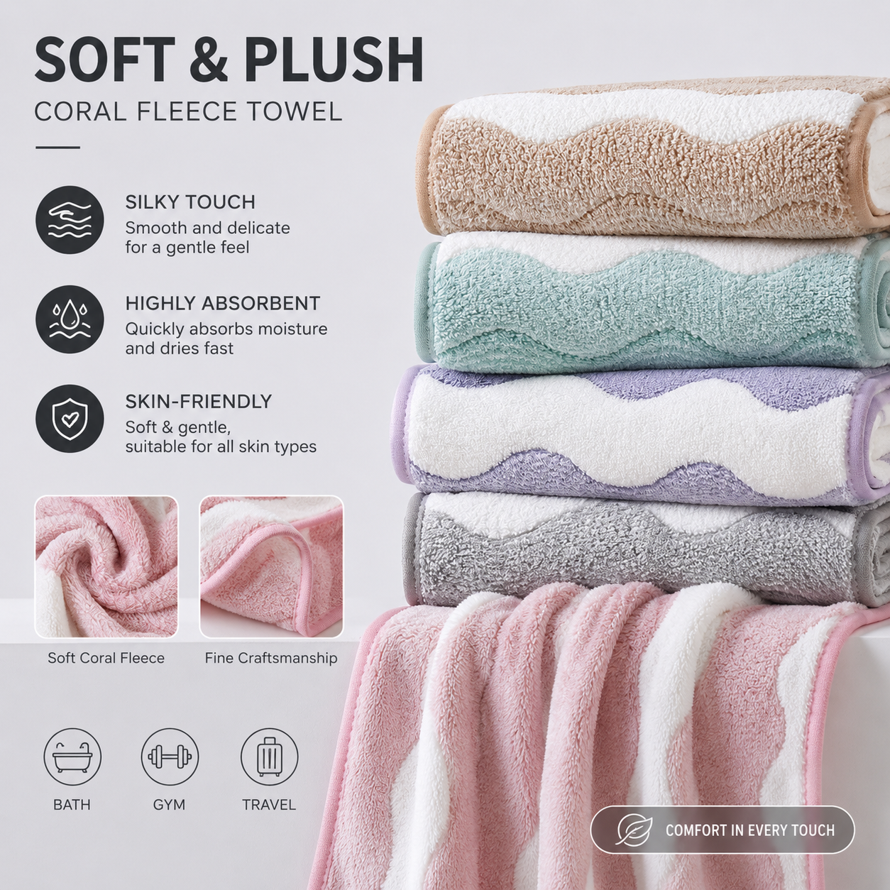 Brown 5-Pack Wave Pattern Towels - Thick Soft Absorbent Face Towels with Bound view 3