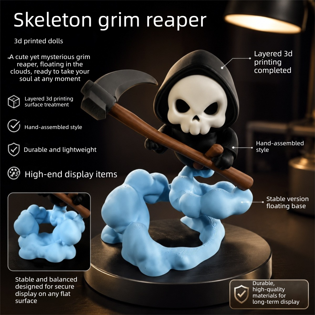 Cute Grim Reaper Figurine - 3D Printed Skeleton Display Model with Scythe and view 2