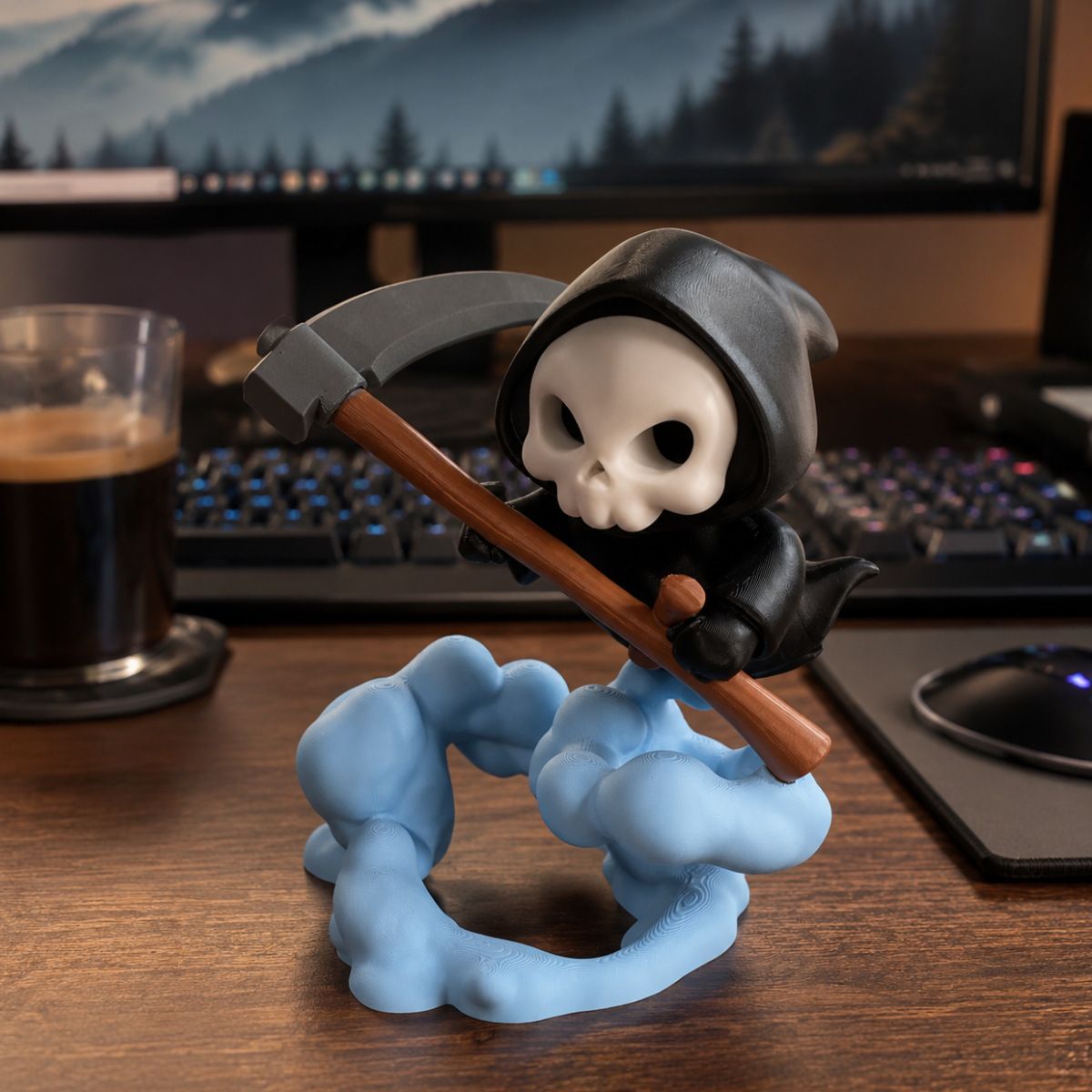 Cute Grim Reaper Figurine - 3D Printed Skeleton Display Model with Scythe and view 4