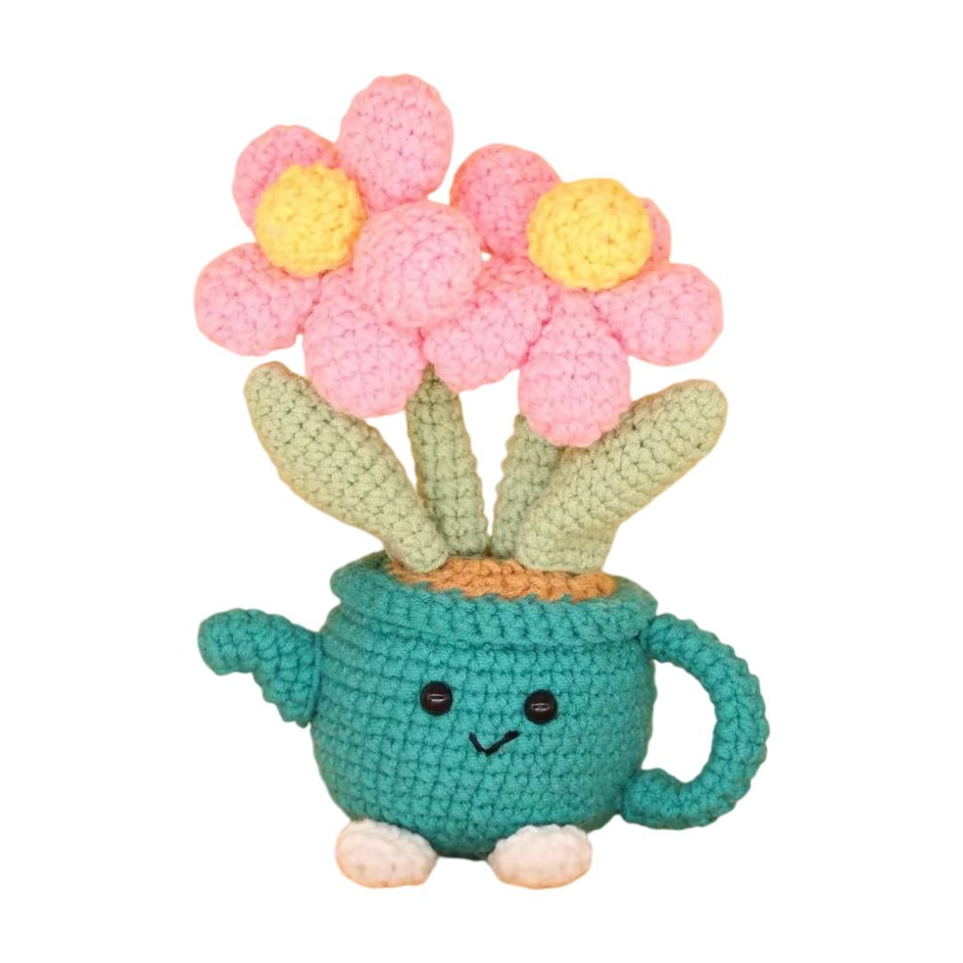 Handmade Crochet Flower Pot - Green Watering Can Planter with Cute Flowers and