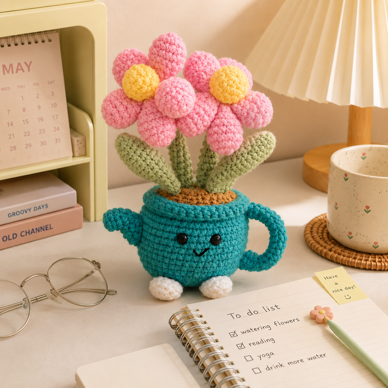 Handmade Crochet Flower Pot - Green Watering Can Planter with Cute Flowers and view 3