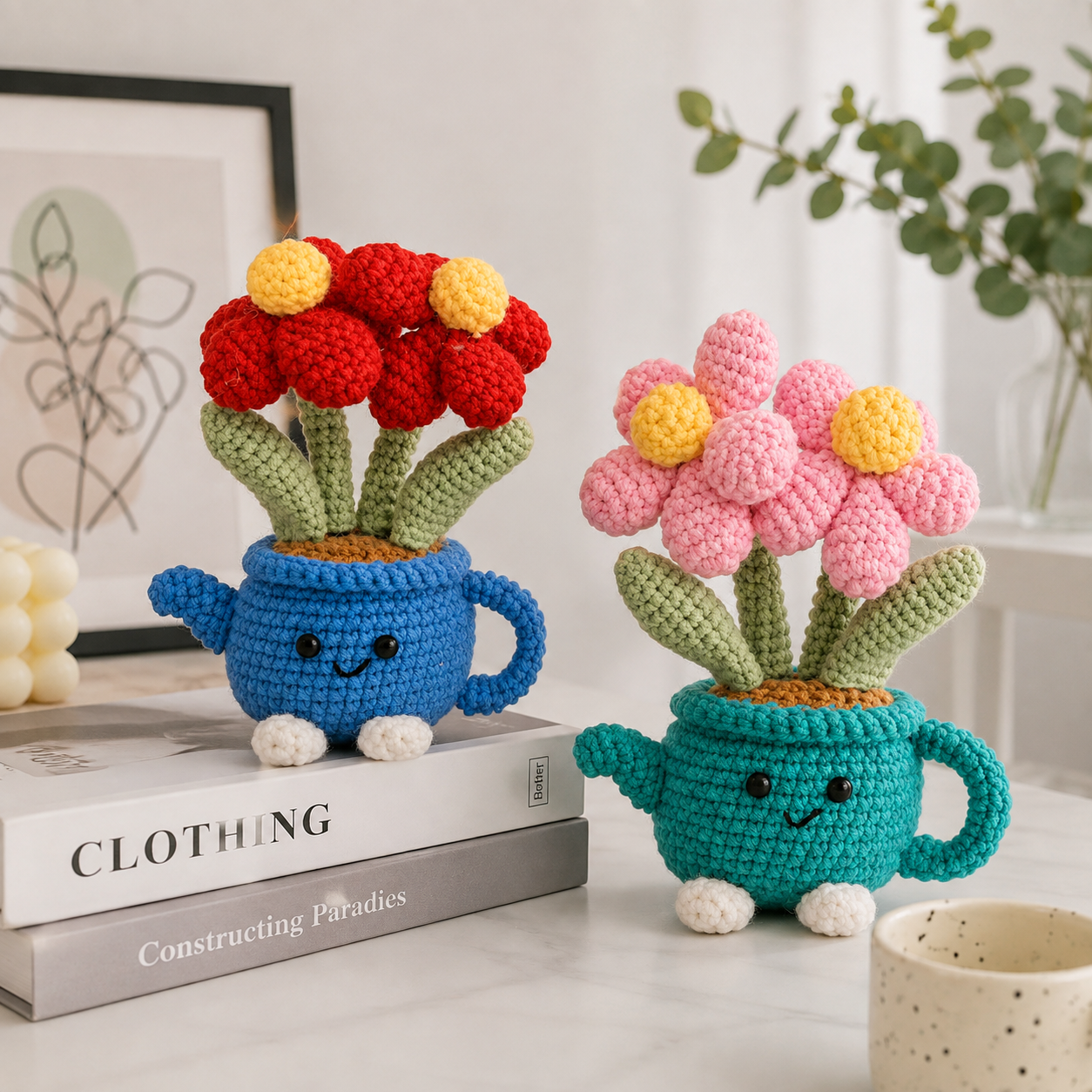 Handmade Crochet Flower Pot - Green Watering Can Planter with Cute Flowers and view 4
