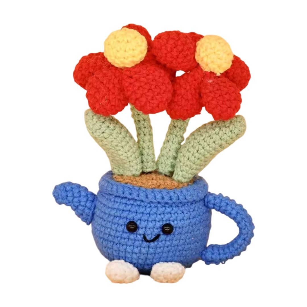Handmade Crochet Flower Pot - Blue Watering Can Planter with Cute Flowers and