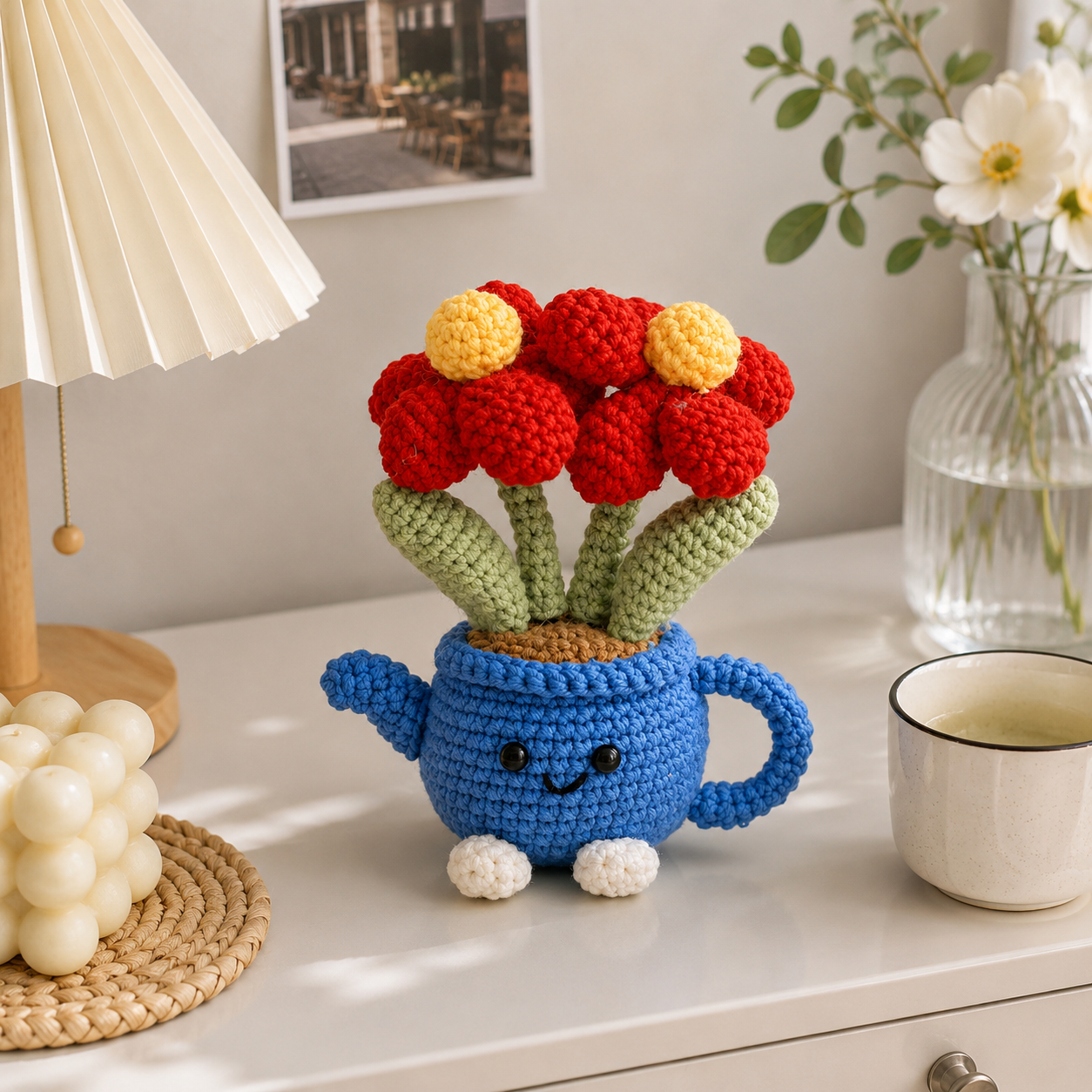 Handmade Crochet Flower Pot - Blue Watering Can Planter with Cute Flowers and view 2