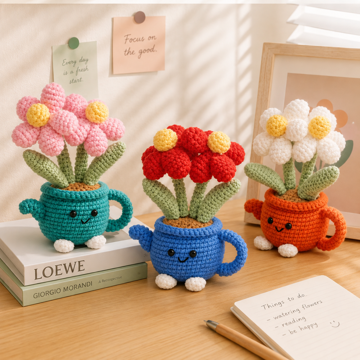 Handmade Crochet Flower Pot - Blue Watering Can Planter with Cute Flowers and view 5