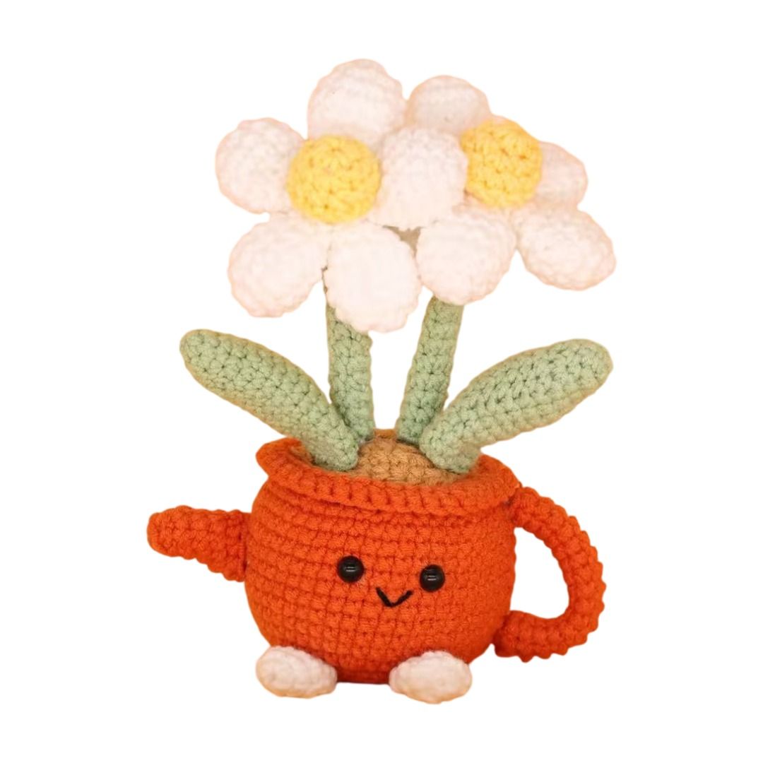 Handmade Crochet Flower Pot - Red Watering Can Planter with Cute Flowers and
