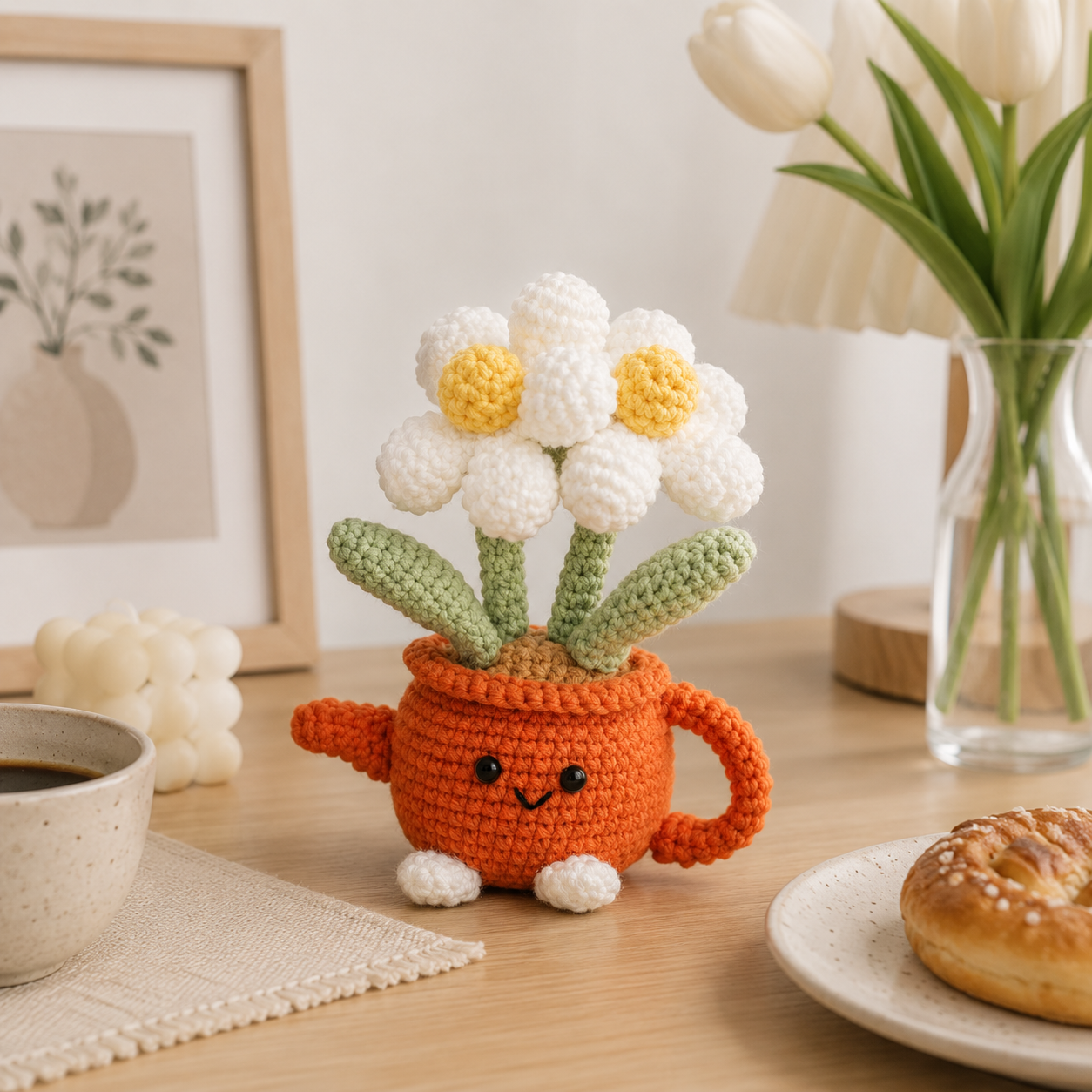 Handmade Crochet Flower Pot - Red Watering Can Planter with Cute Flowers and view 2