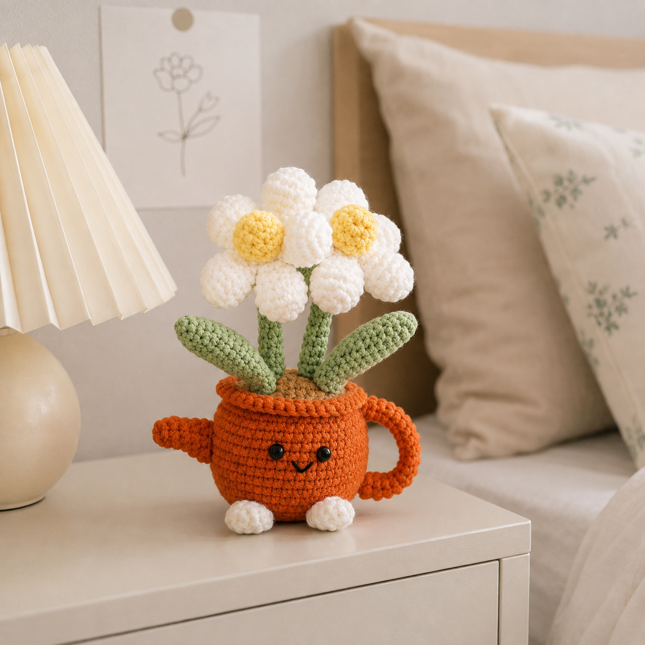 Handmade Crochet Flower Pot - Red Watering Can Planter with Cute Flowers and view 3