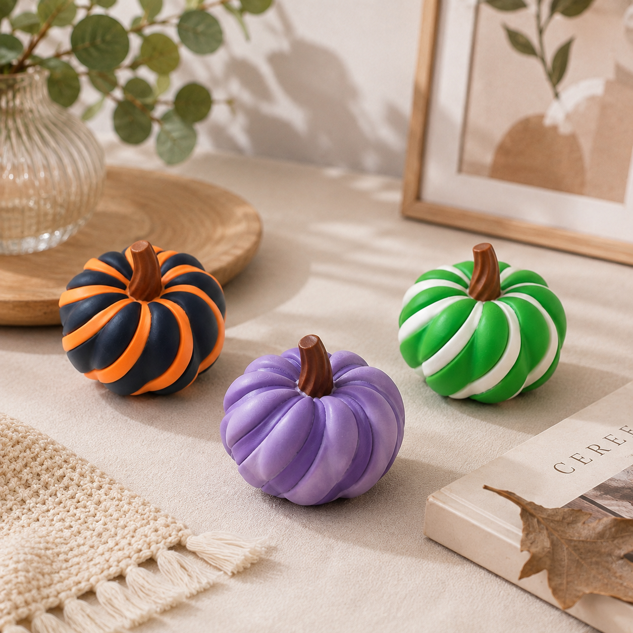 3D Printed Spiral Pumpkin Decoration - Dark Purple Twisted Rib Design view 5