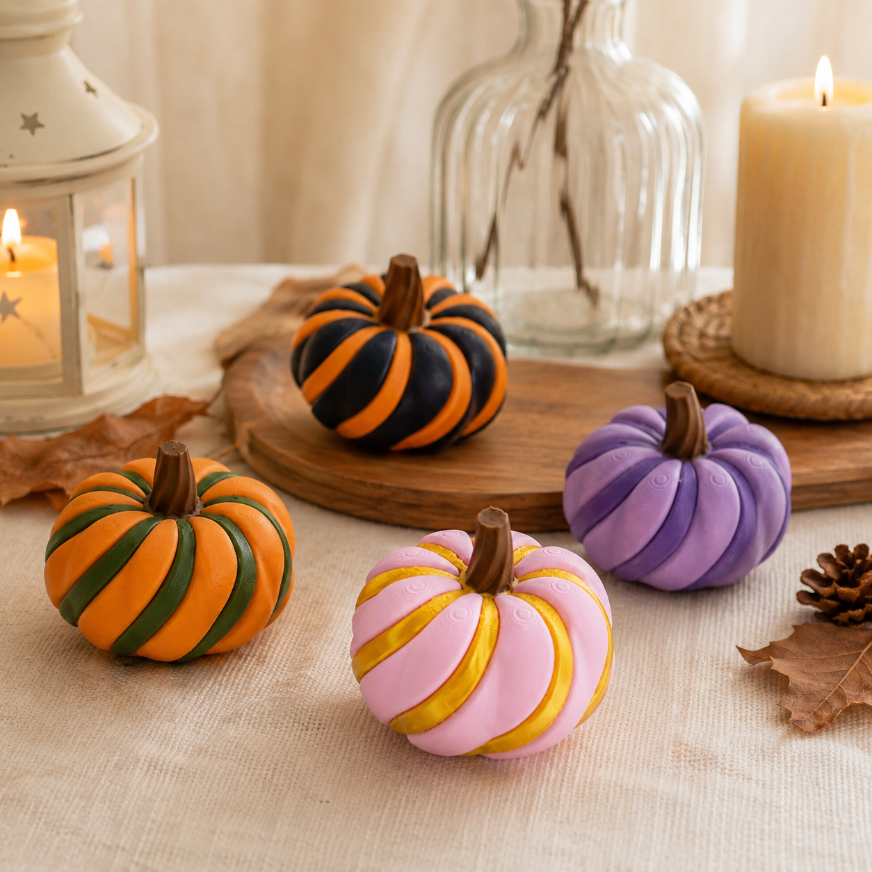 3D Printed Spiral Pumpkin Decoration - Green and White Twisted Rib Design view 4
