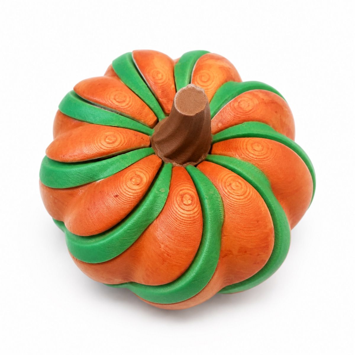 3D Printed Spiral Pumpkin Decoration - Orange and Green Twisted Rib Design