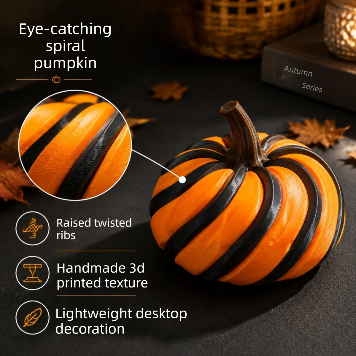 2 Pack 3D Printed Spiral Pumpkin Decoration - Orange and Green Twisted Rib Design view 2