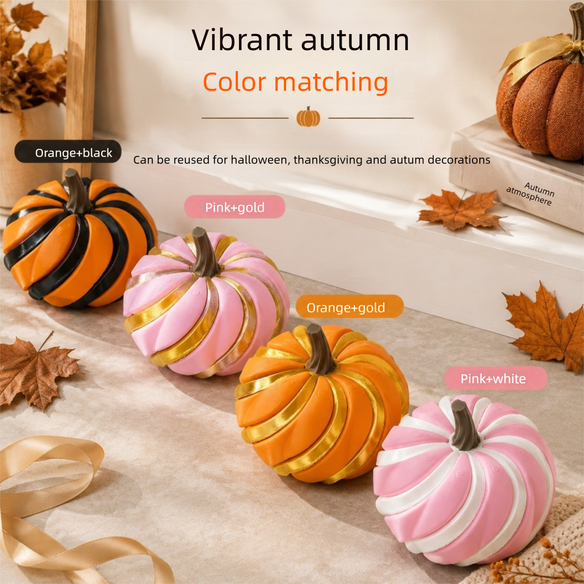2 Pack 3D Printed Spiral Pumpkin Decoration - Orange and Green Twisted Rib Design view 3