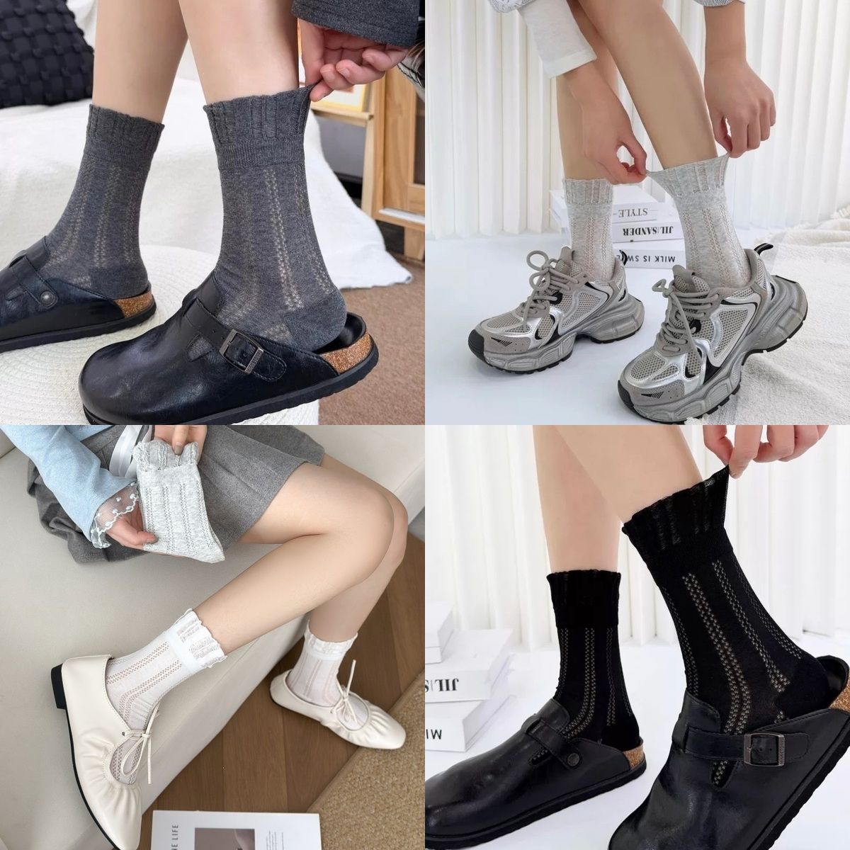4 Pairs White Women's Lace Trim Socks - Lightweight Sheer Mesh Crew Socks with view 2