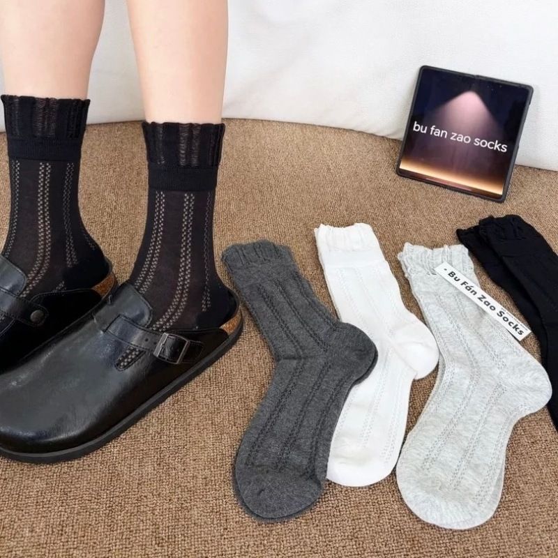 4 Pairs White Women's Lace Trim Socks - Lightweight Sheer Mesh Crew Socks with view 3