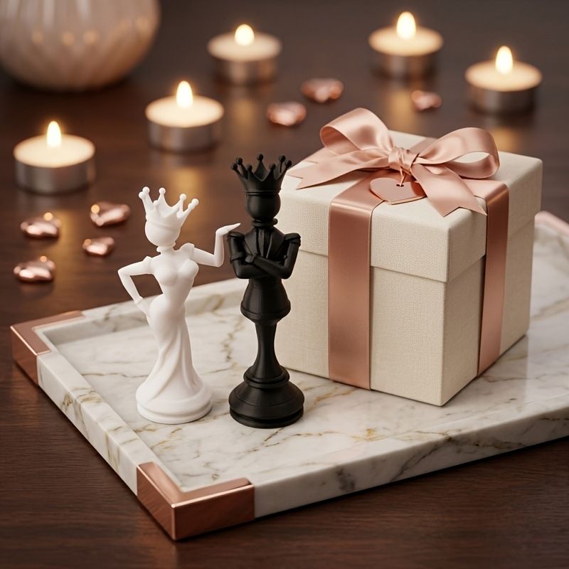 3D Printed Chess King and Queen Figurine Set - Creative Crowned Couple Sculptures view 5