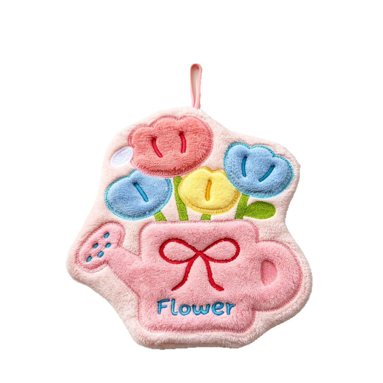 Cute Tulip Watering Can Hanging Hand Towel - Soft Coral Fleece Absorbent