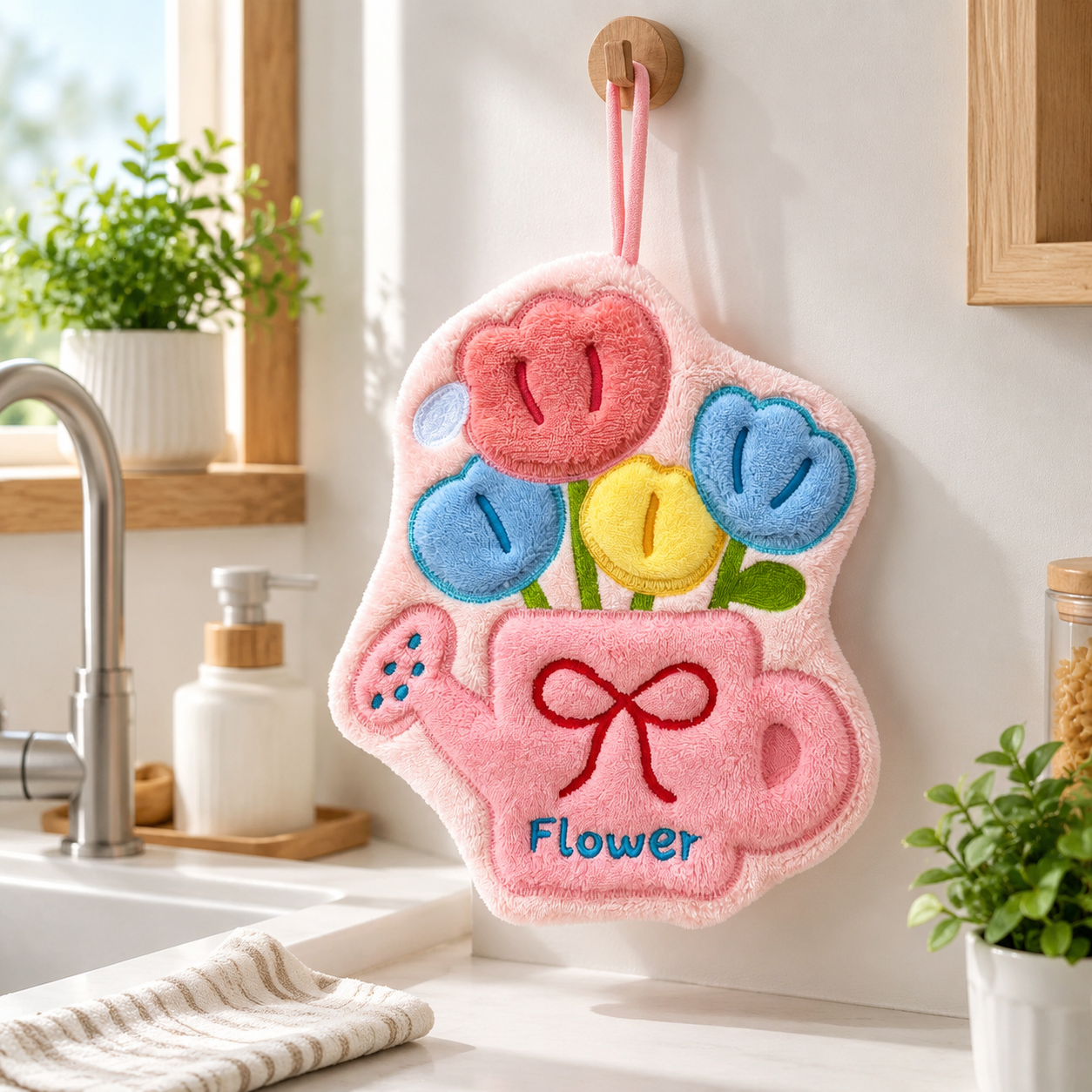 Cute Tulip Watering Can Hanging Hand Towel - Soft Coral Fleece Absorbent view 2