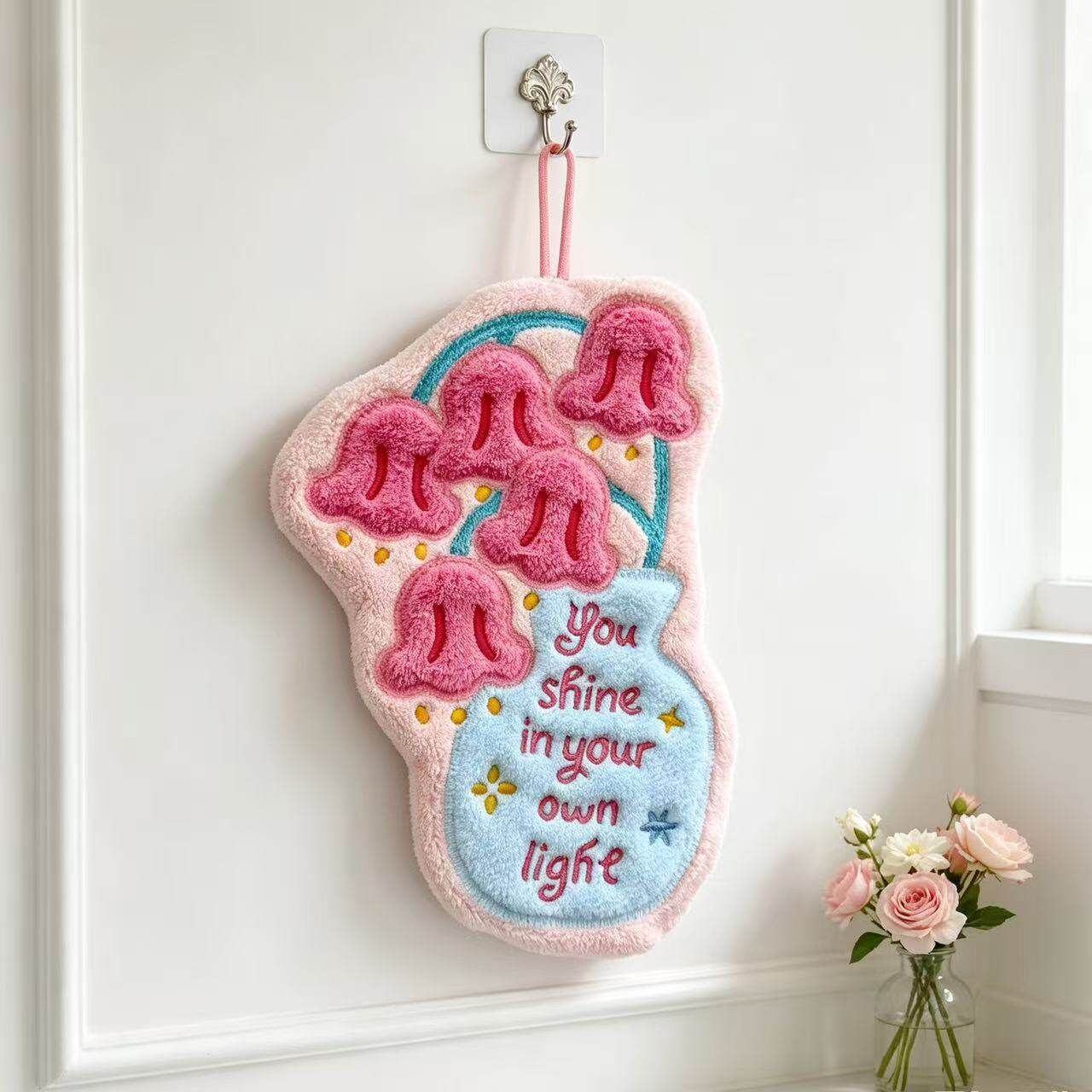Cute Tulip Vase Hanging Hand Towel - Soft Coral Fleece Absorbent Flower Hand view 2