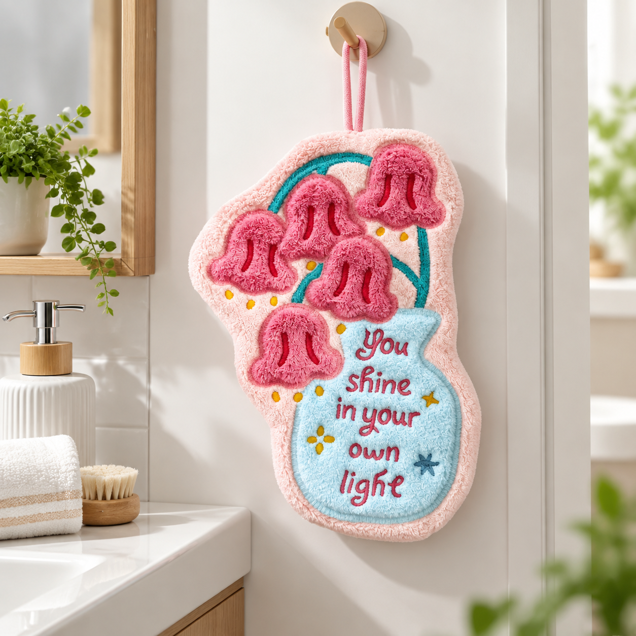 Cute Tulip Vase Hanging Hand Towel - Soft Coral Fleece Absorbent Flower Hand view 4