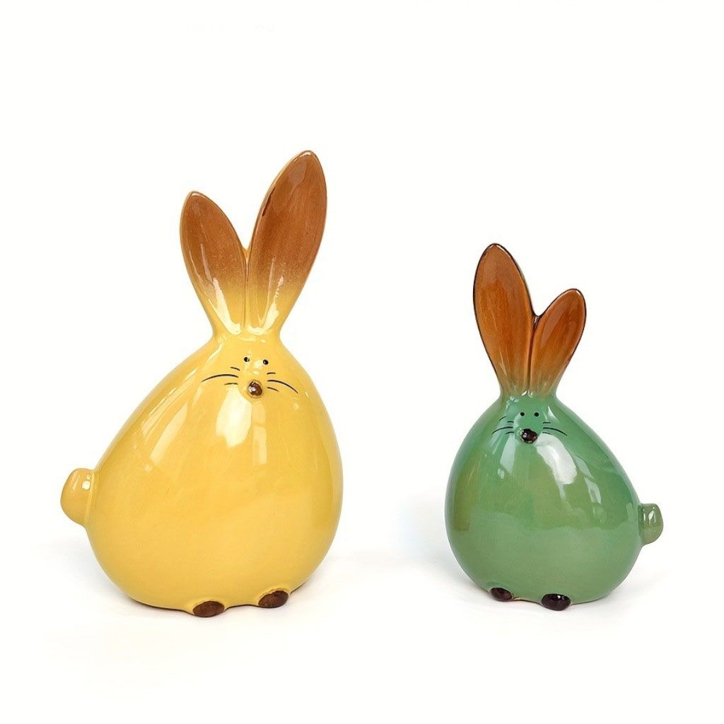 2 Piece Ceramic Rabbit Figurine Set - Cute Glossy Bunny Ornaments in Two Sizes
