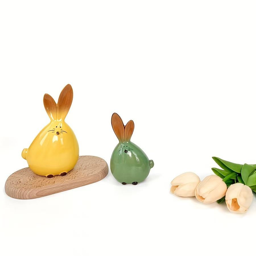 2 Piece Ceramic Rabbit Figurine Set - Cute Glossy Bunny Ornaments in Two Sizes view 2