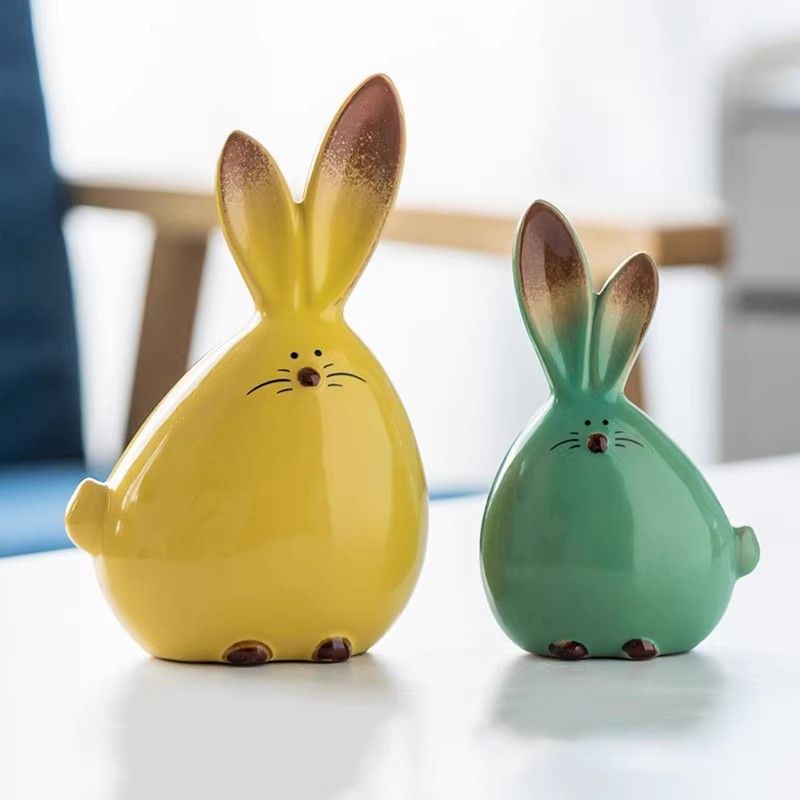 2 Piece Ceramic Rabbit Figurine Set - Cute Glossy Bunny Ornaments in Two Sizes view 3