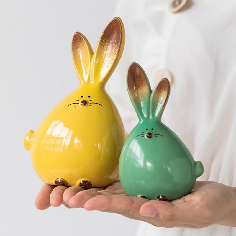 2 Piece Ceramic Rabbit Figurine Set - Cute Glossy Bunny Ornaments in Two Sizes view 4