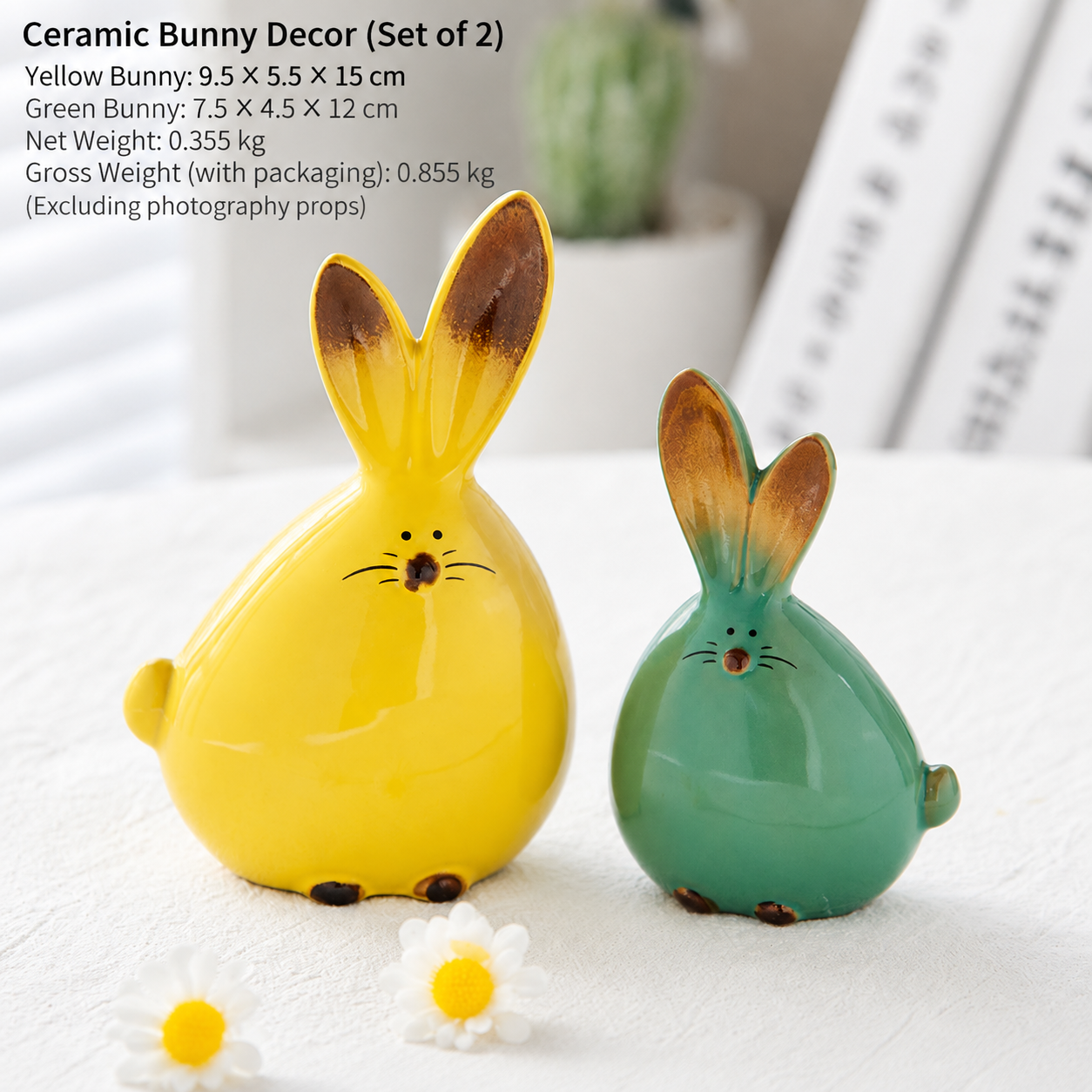 2 Piece Ceramic Rabbit Figurine Set - Cute Glossy Bunny Ornaments in Two Sizes view 5